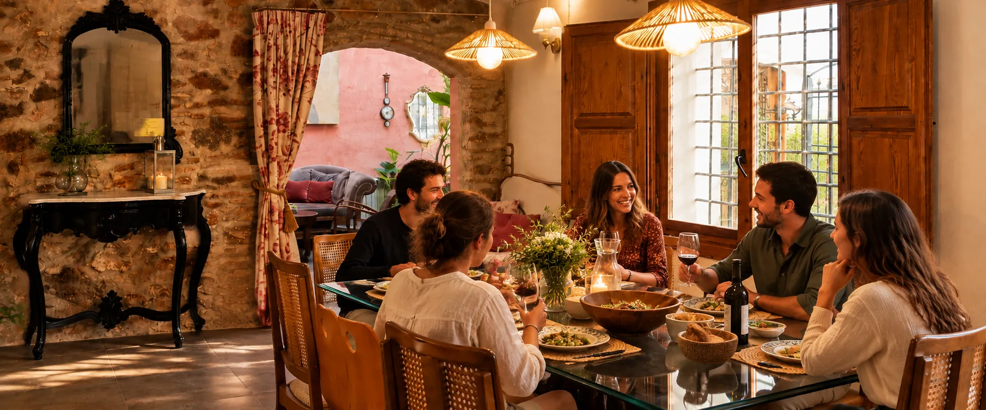 Amigos compartiendo una cena en el comedor de piedra de la masía