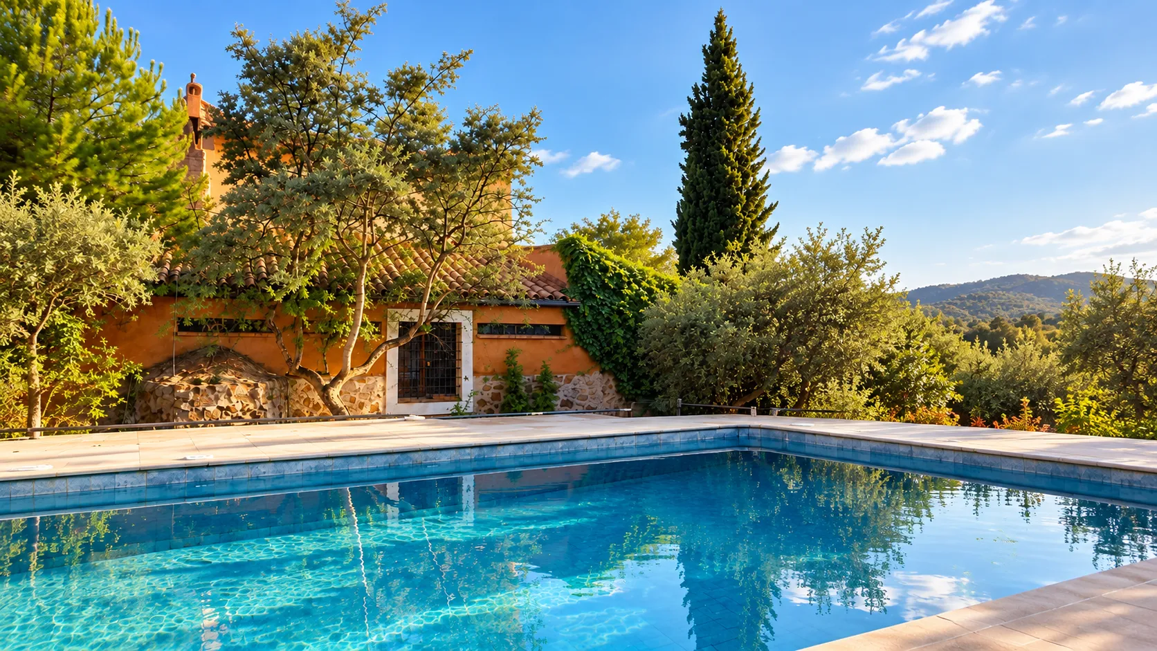 Piscina de la finca rodeada de vegetación junto a la casa