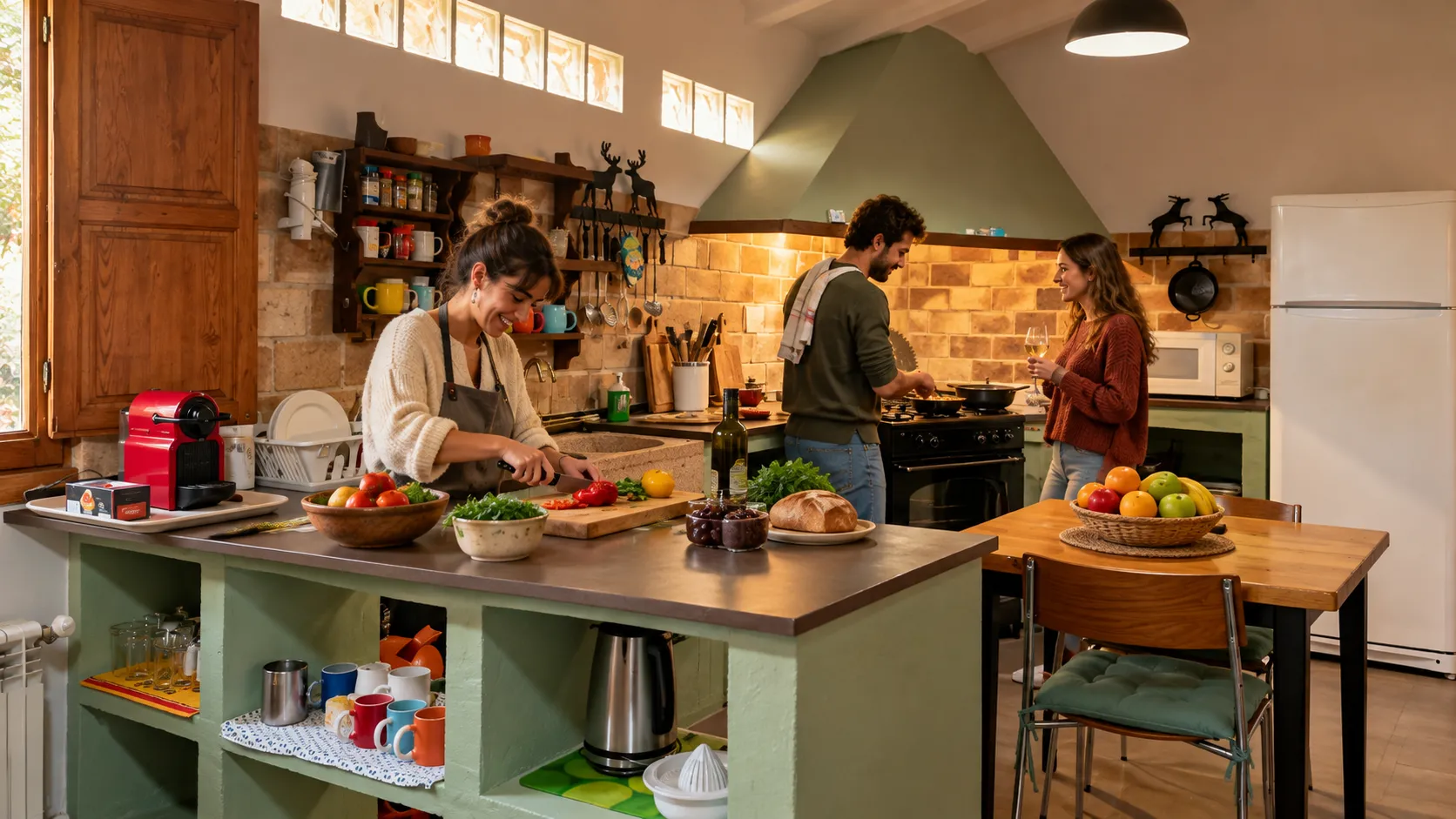 Amigos cocinando juntos en la amplia cocina de la casa